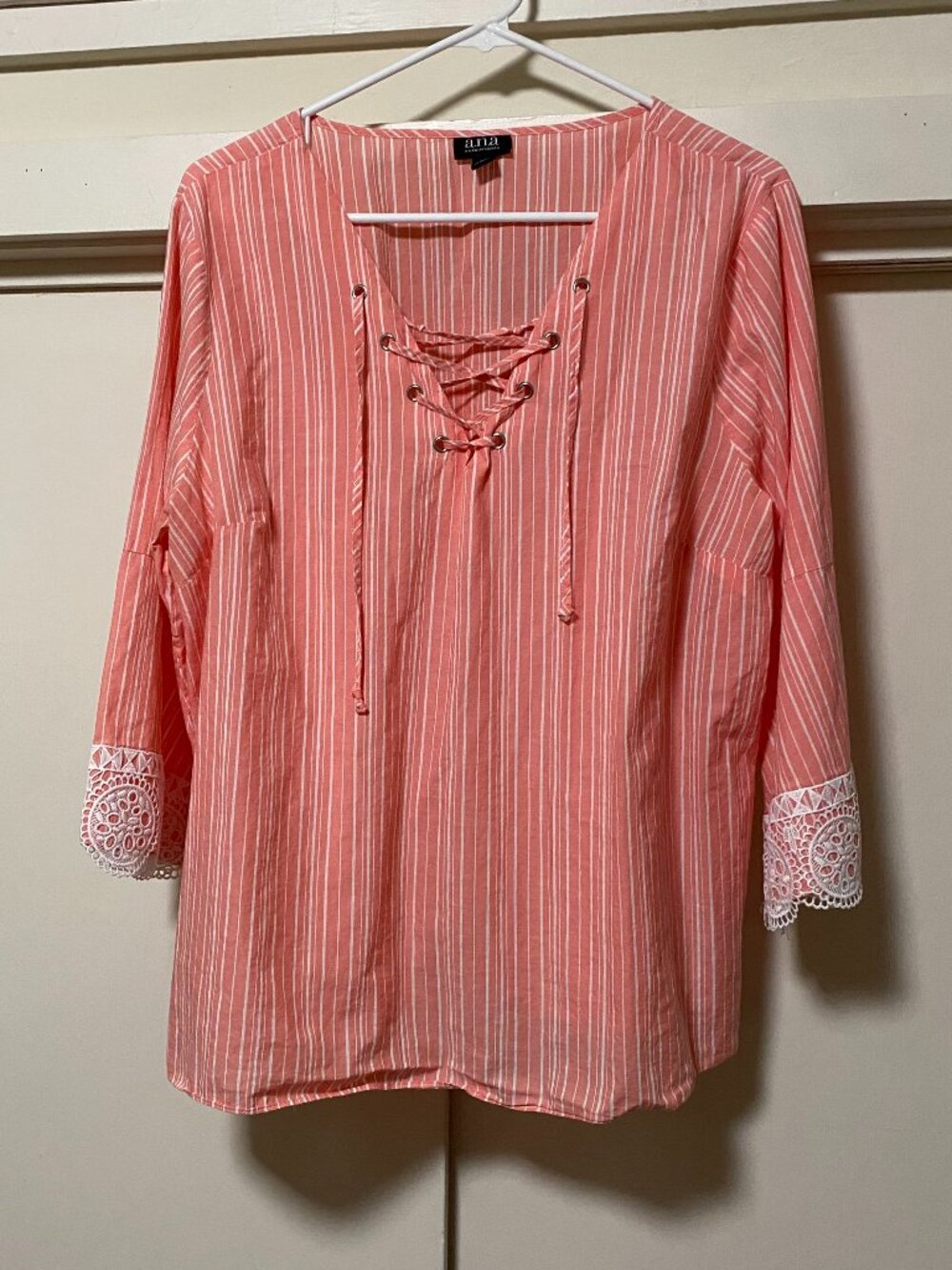 A.N.A., peach blouse w/white stripes, bell sleeves w/lace, size XL